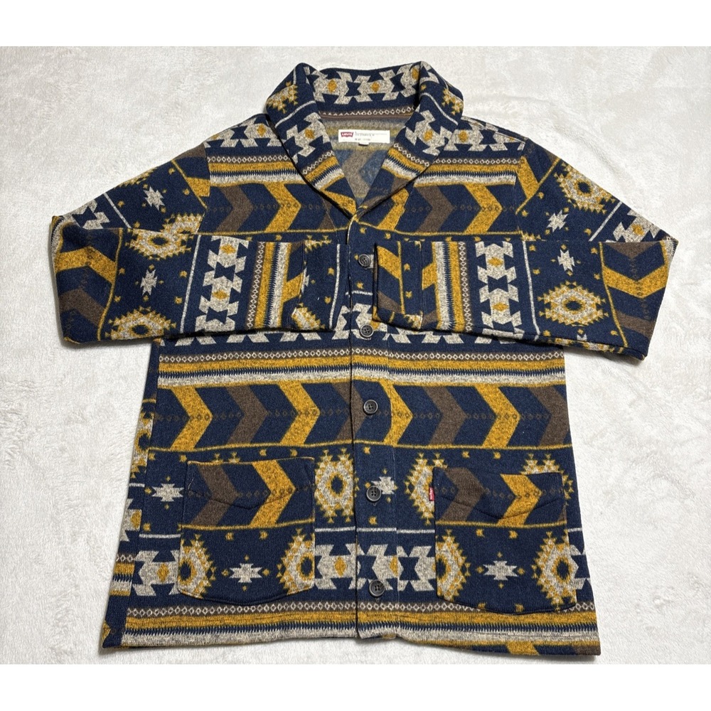Levis Cardigan Sweater Mens Large Aztec Southwestern Pattern Shawl Collar Jacket
